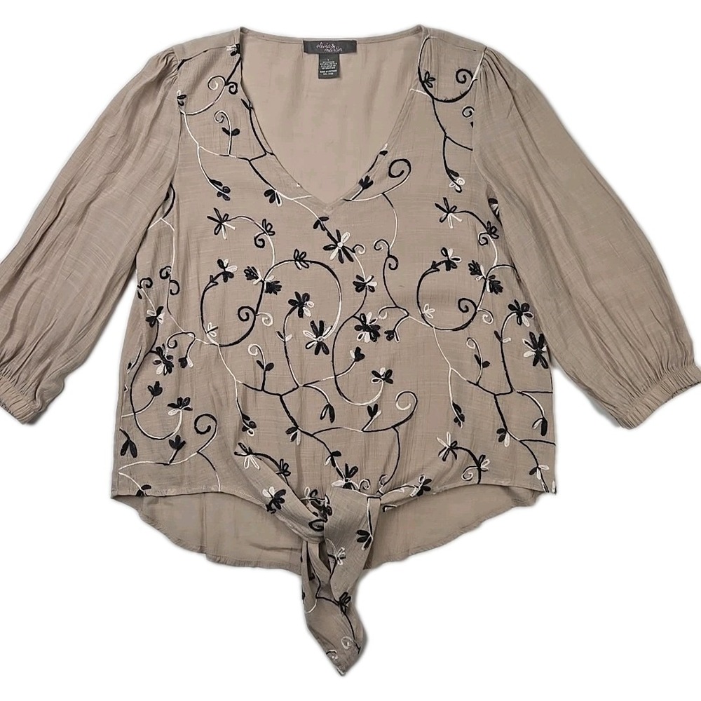 Olivia‎ & Martin Taupe Gauzy 3/4 Sleeve Tie-Front Blouse Top Large L